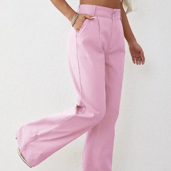 Pink Preppy Womens Solid High Waist Wide Leg Jeans - Picture 4 of 5